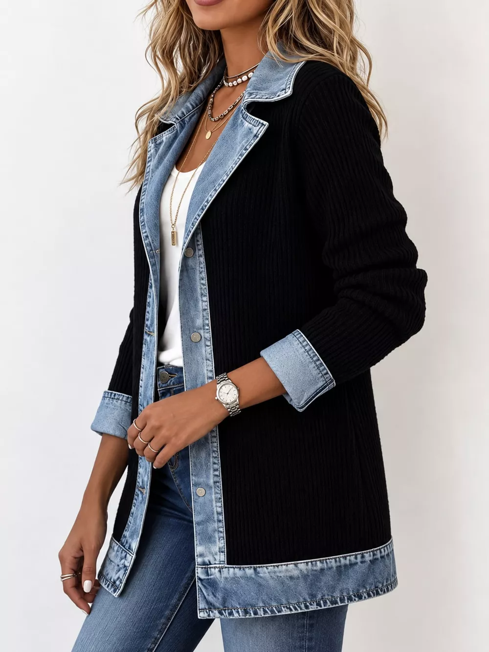 Full Size Denim Trim Ribbed Knit Cardigan Plus Size, image 2
