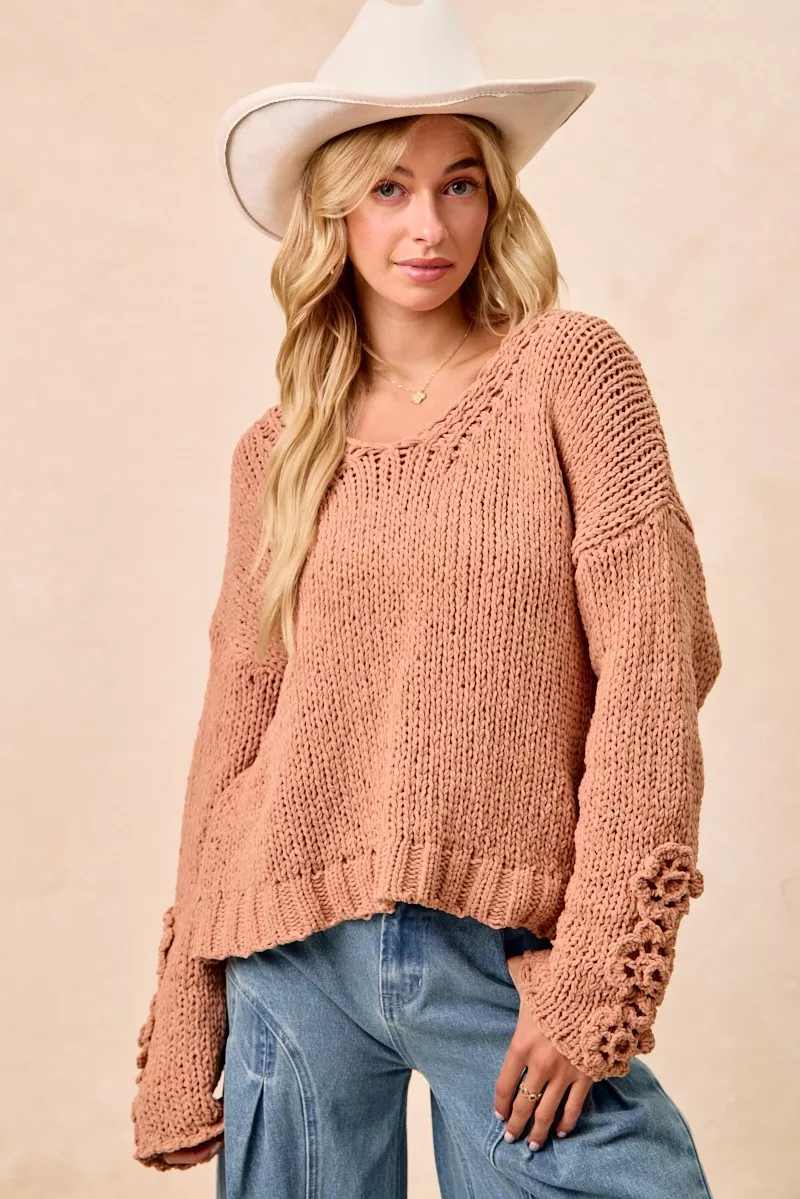 Chunky Knit Sweater with Flower Detail Sleeves, image 8