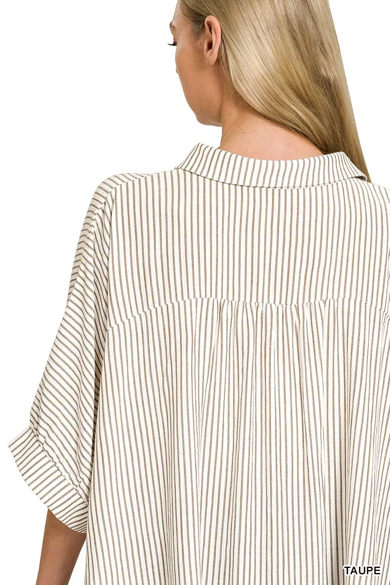 Full Size Woven Stripe Button Down Boxy Shirt Plus Size, image 6