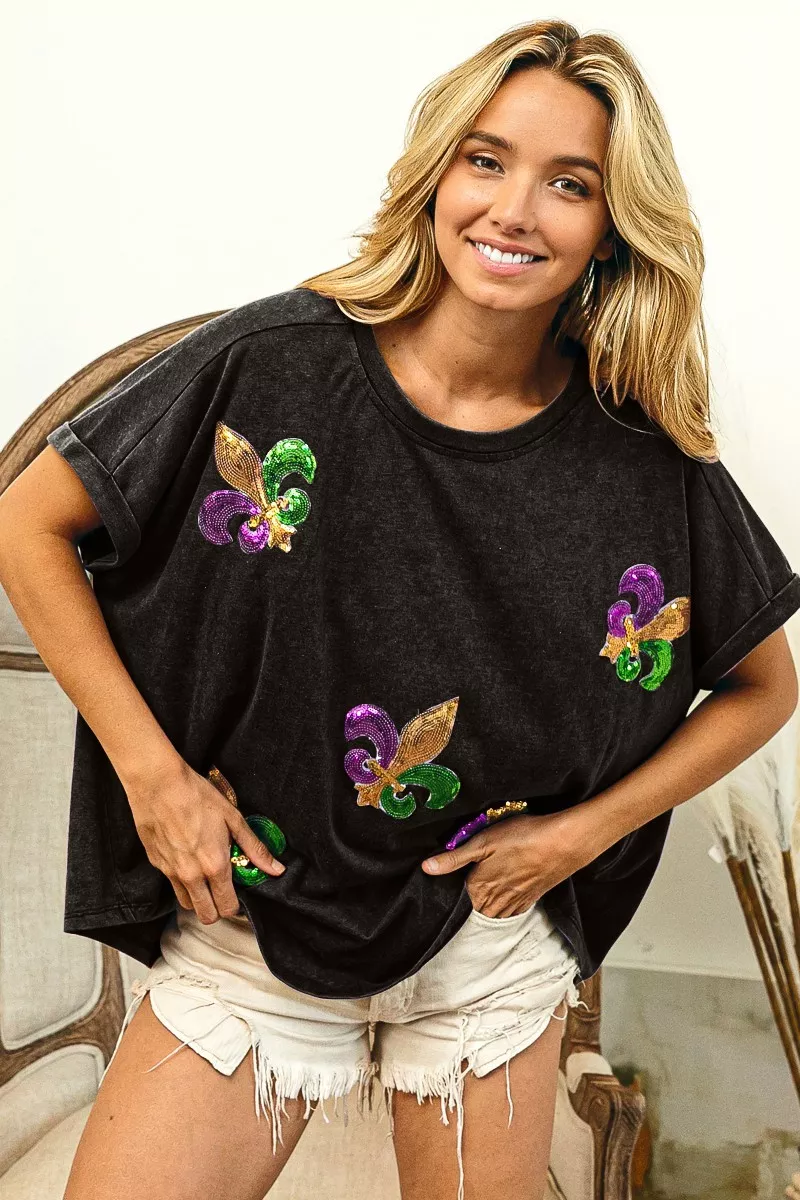 Fleur De Lis Sequin Patches Mardi Gras Sleeve Top, image 3