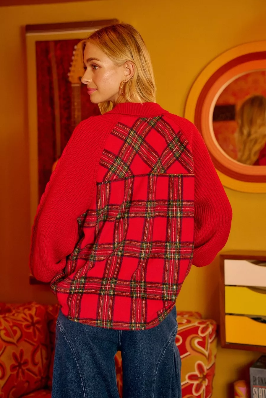 Plaid Buttoned Collared Top with Sweater Sleeve, image 5