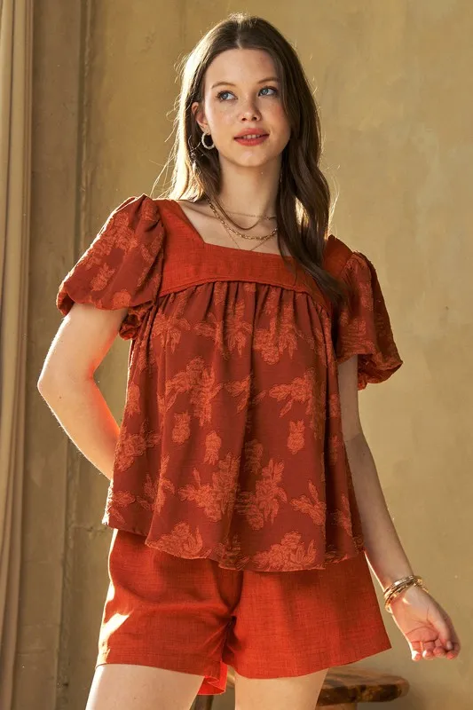 Nature Printed Square Neck Puff Sleeve Blouse
