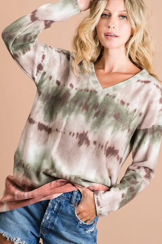 Brushed Tie Dye Looking Print V Neck Top, image 6