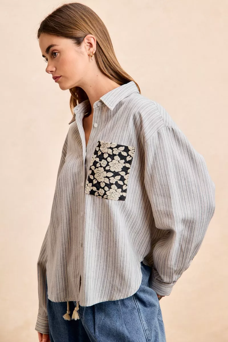 Flower Jacquard Knit Patch Pocket Stripe Shirt, image 8