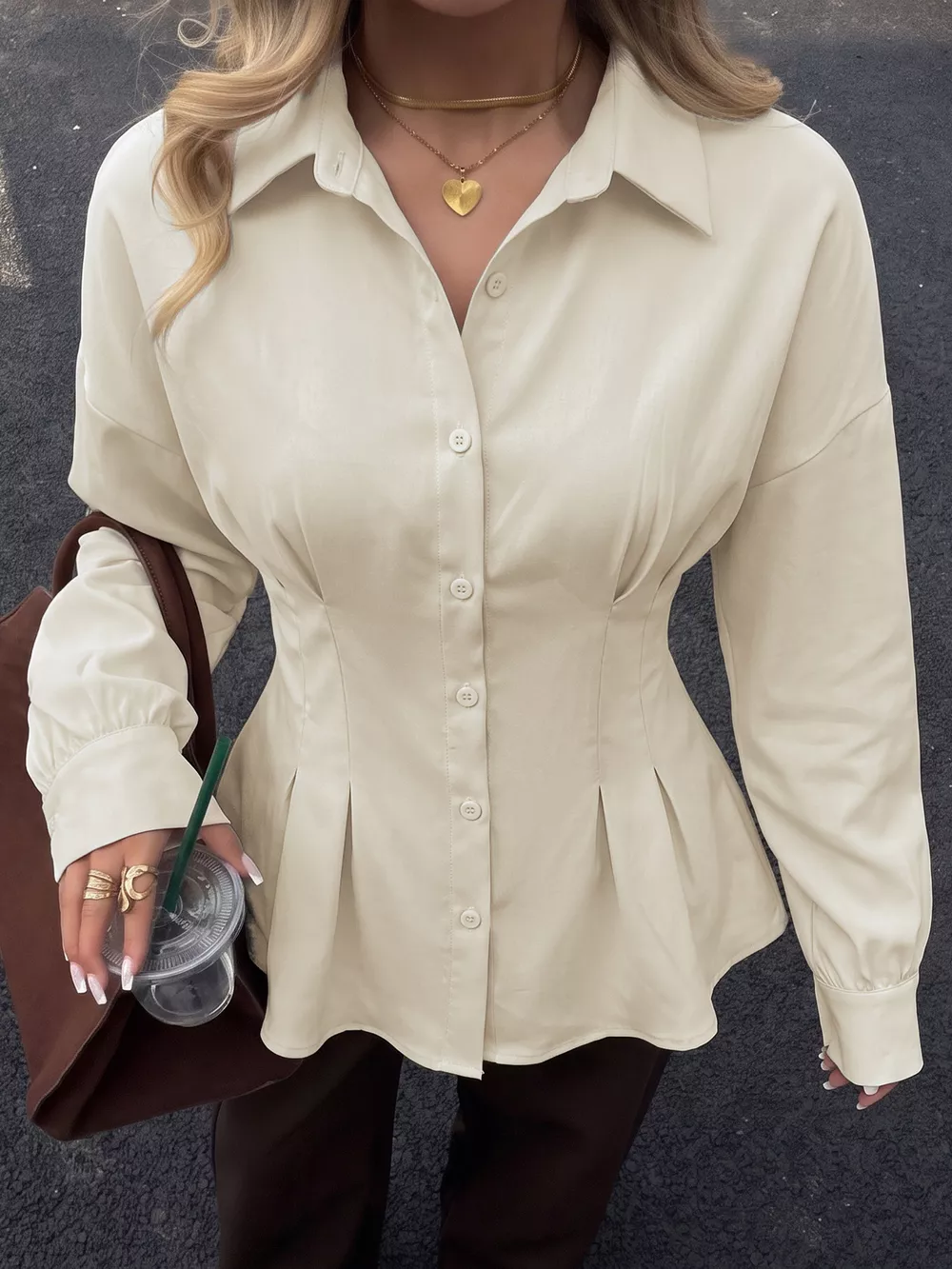 Ruched Button-Up Peplum Shirt, image 3