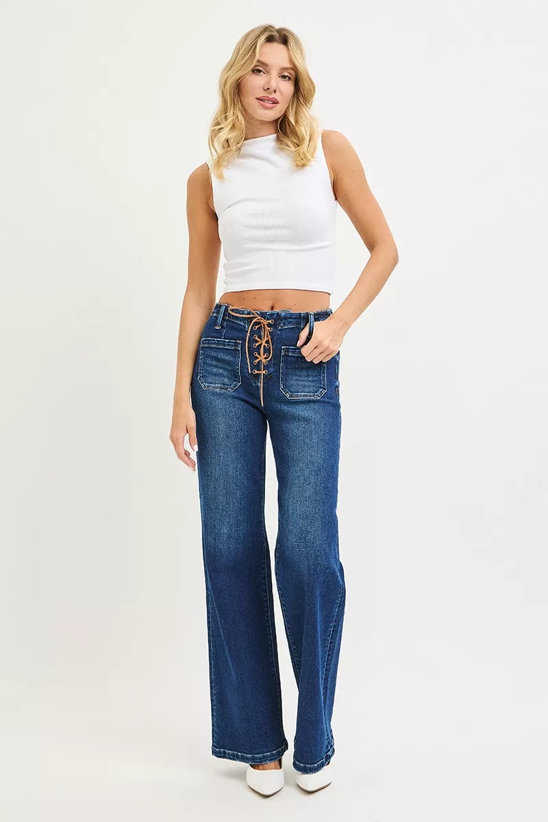 Full Size High Rise Wide Leg Jeans with Front Tie Detail Plus Size, image 3