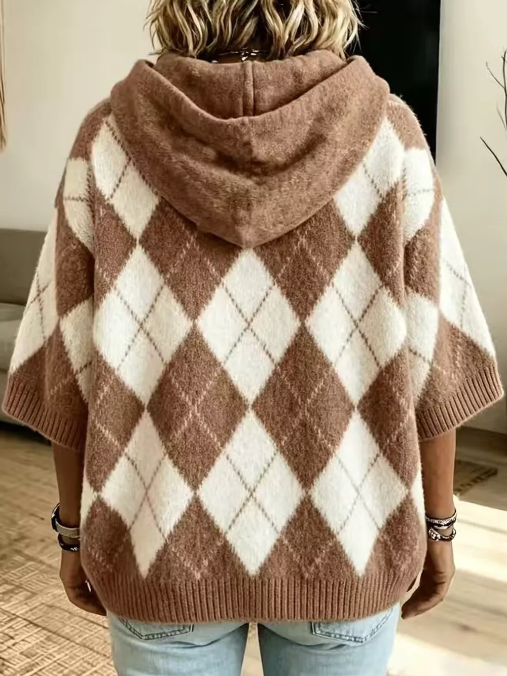 Full Size Argyle Pattern Hooded Sweater Plus Size, image 7
