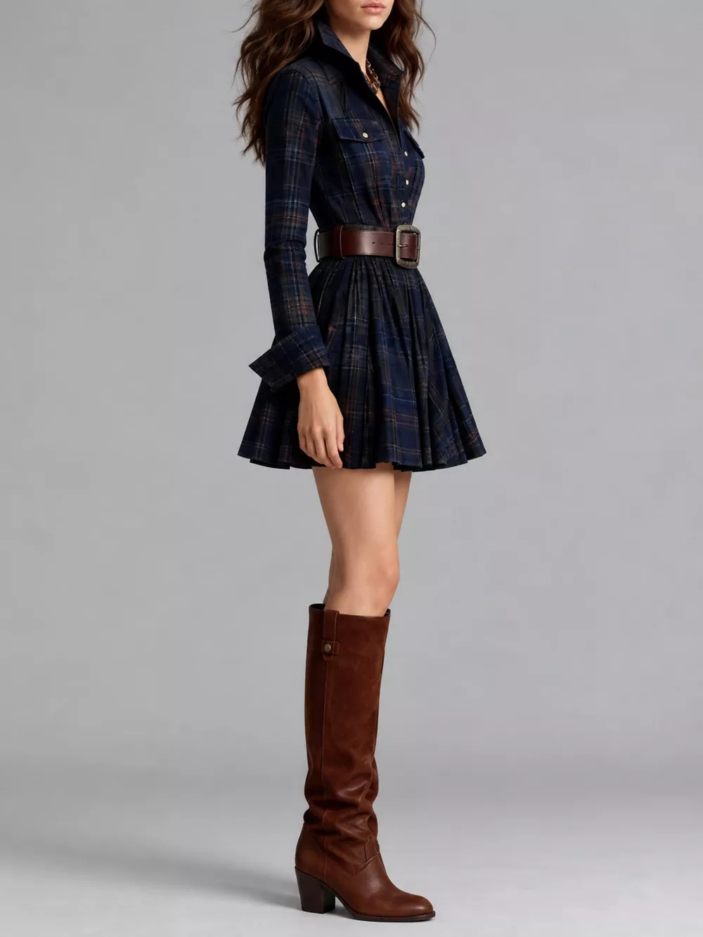 Plaid Long-Sleeve Shirt Dress, image 7