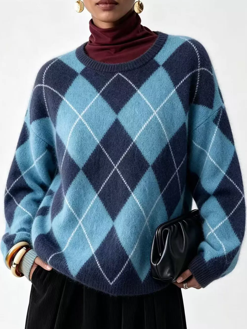 Argyle Pattern Fuzzy Knit Sweater, image 26