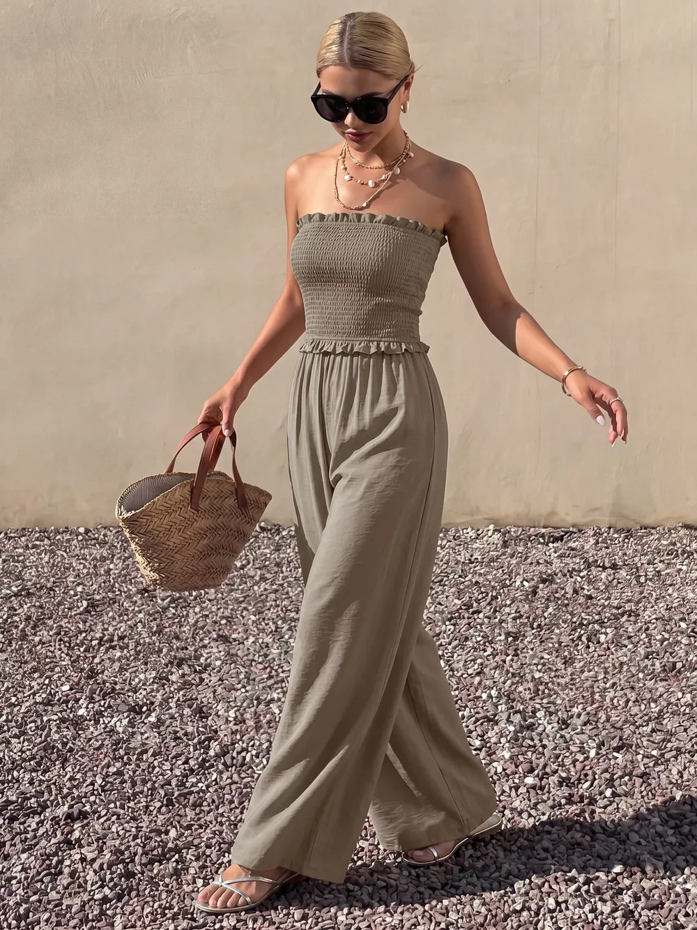 Smocked Strapless Wide Leg Jumpsuit, image 2