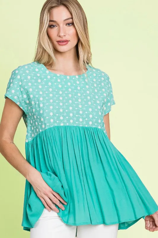 Full Size Embroidered Short Sleeve Pleated Babydoll Top Plus Size, image 8