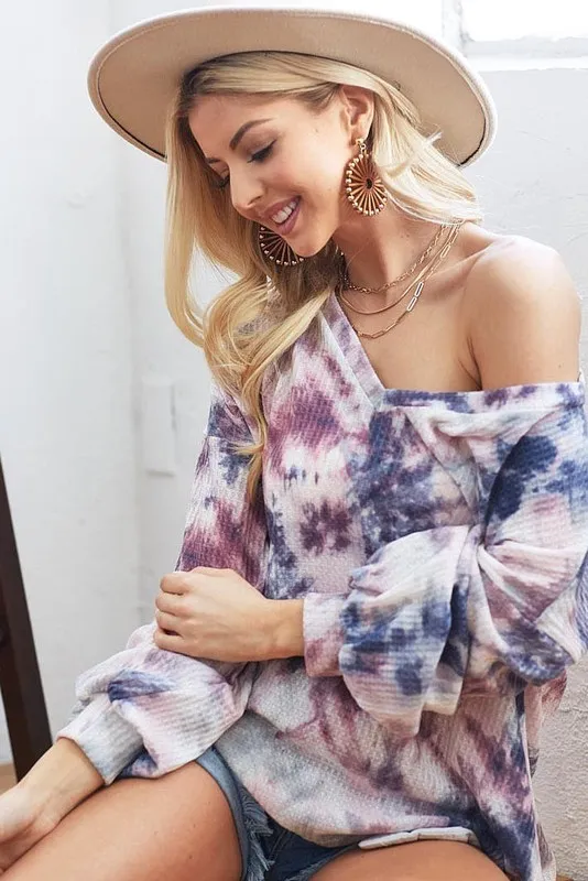 Tie-Dye V-Neck Long Sleeve Waffle Top, image 3