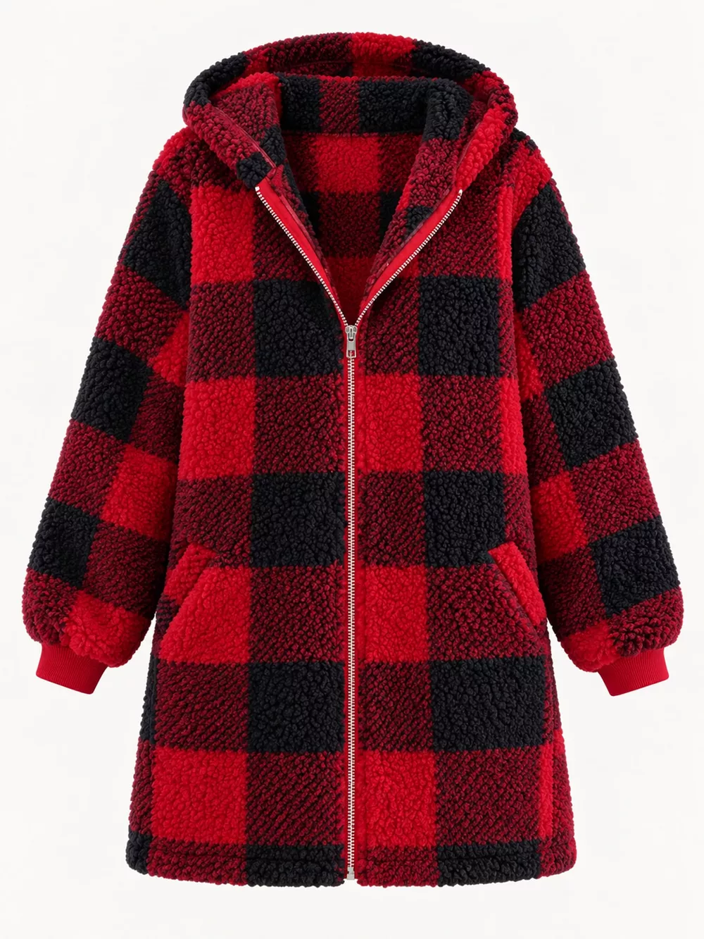 Full Size Plaid Sherpa Hooded Zip-Up Outerwear Plus Size, image 29