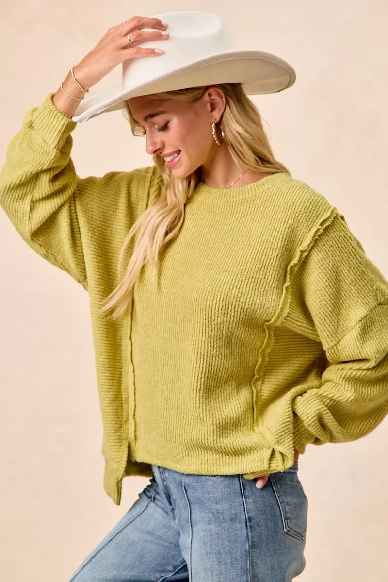 Boucle Rib Knit Uneven Hem Sweater With Open Seam, image 6
