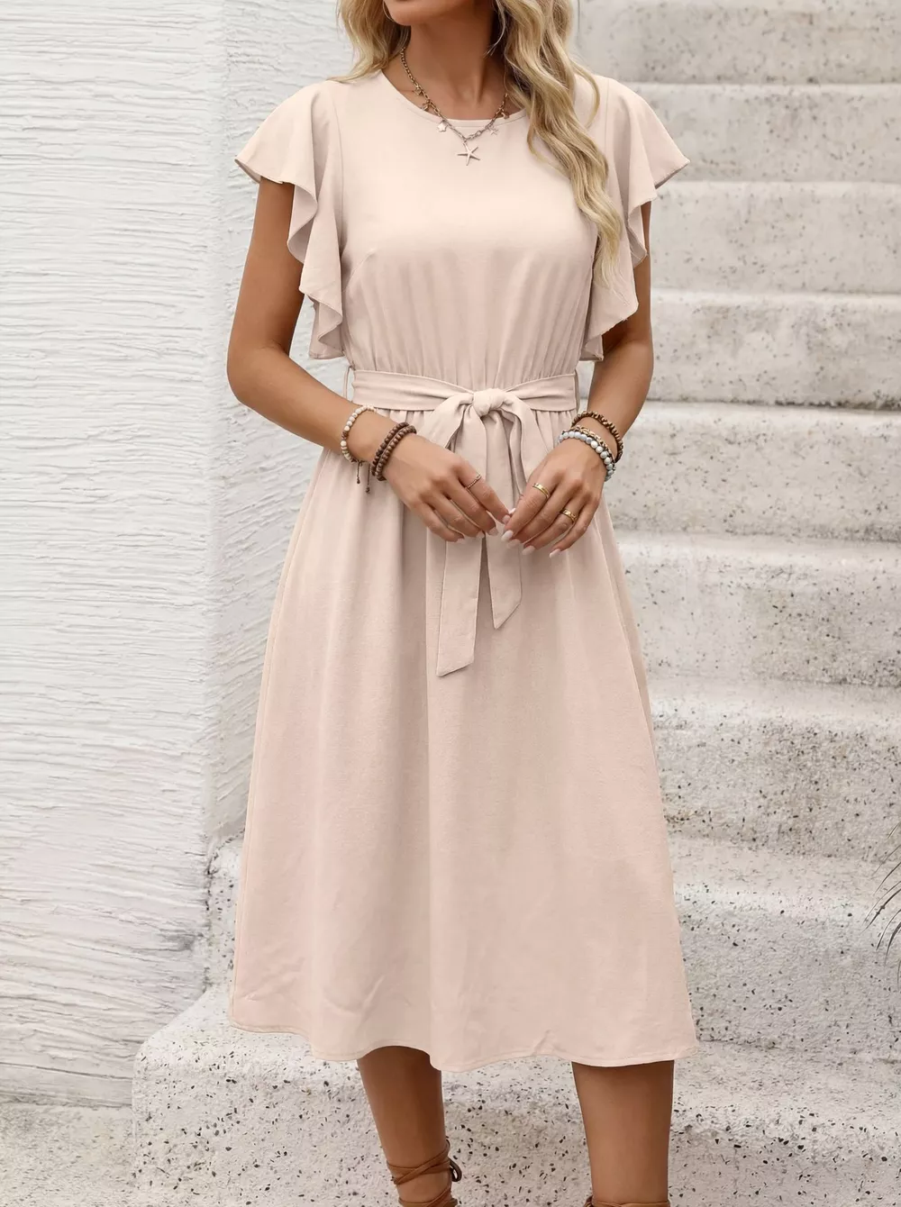 Ruffle Sleeve Tie Waist Midi Dress, image 3