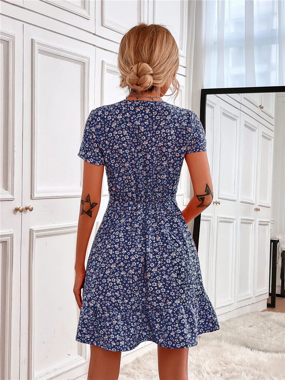 Printed Ruffled Hem V-Neck Short Sleeve Mini Dress, image 8