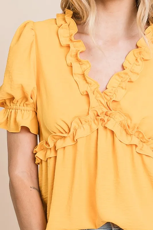Solid Ruffled Deep V-Neck Puff Sleeve Babydoll Top, image 4
