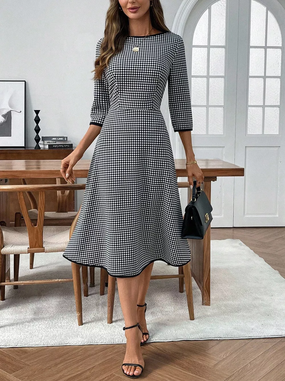 Plaid Round Neck 3/4 Sleeve Dress, image 2