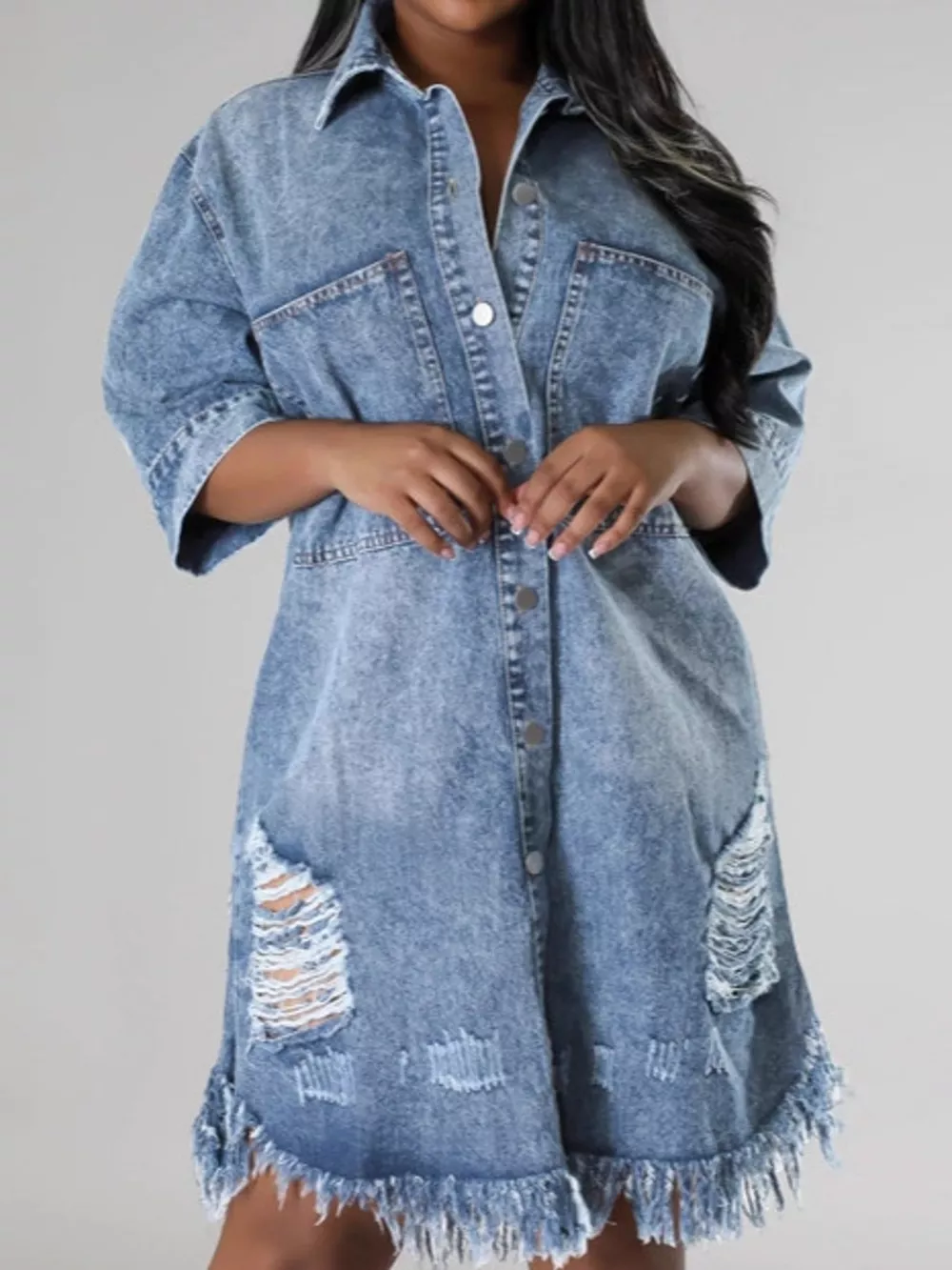 Plus Size Distressed Frayed Hem Button-Down Denim Dress, image 10