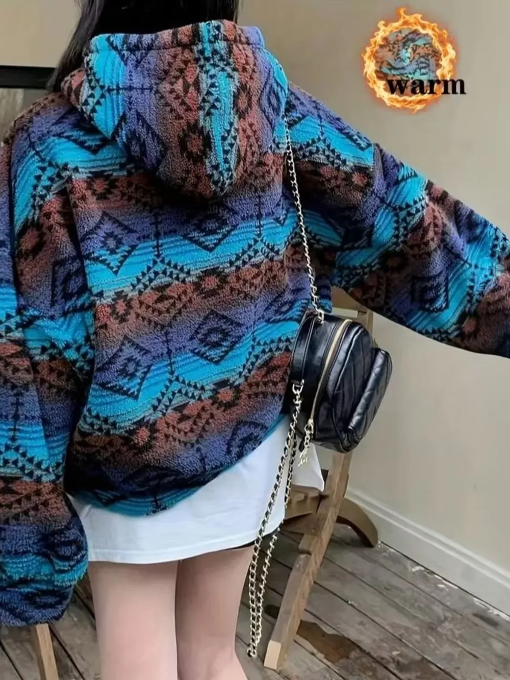 Geometric Pattern Fleece Zip-Up Jacket, image 2