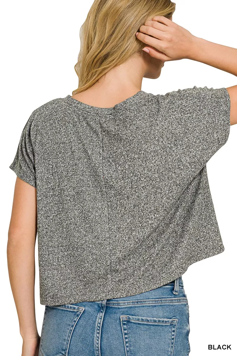 Soft Melange V-neck Drop Shoulder Cropped Top, image 2