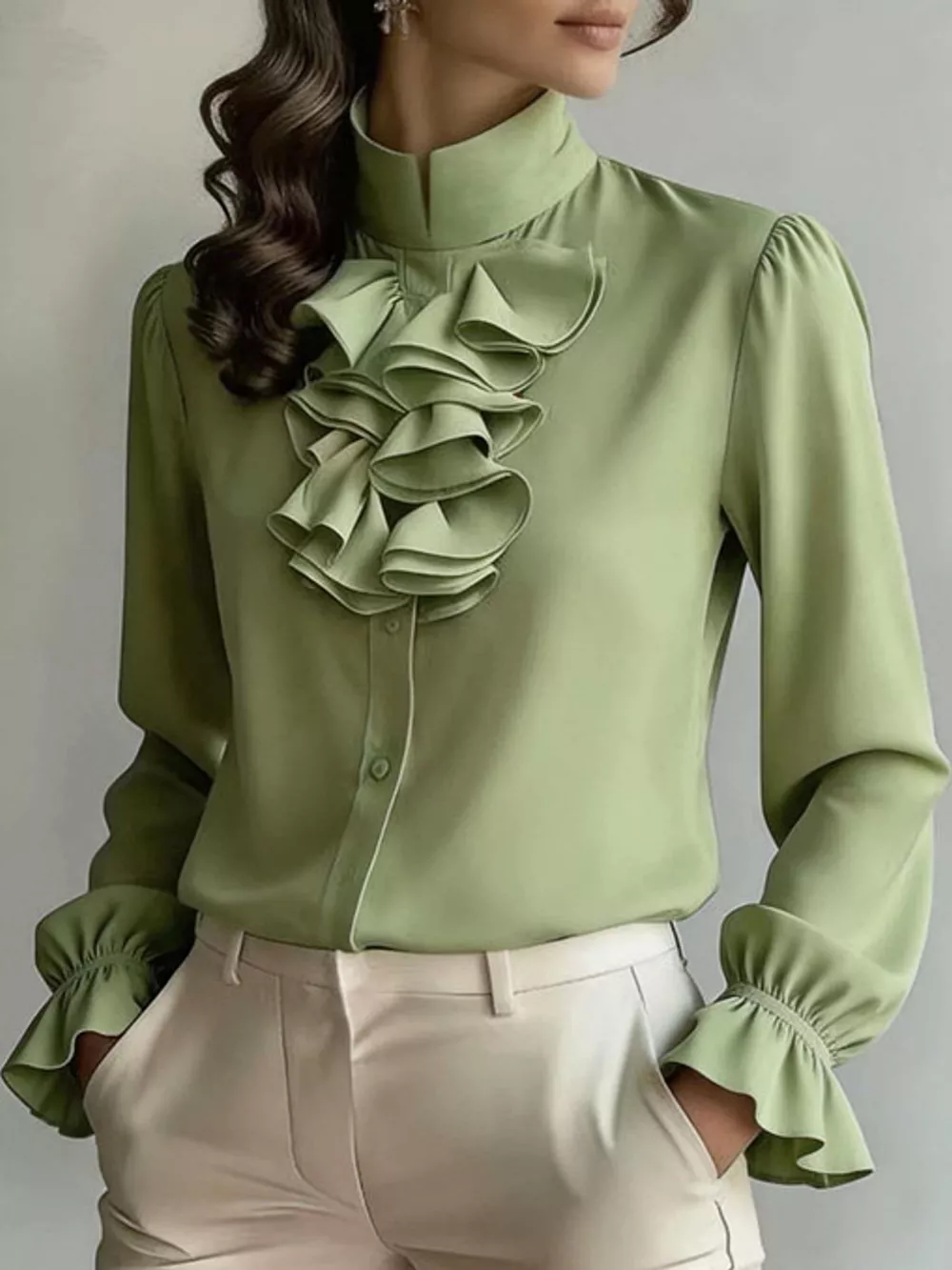 Ruffled Stand-Collar Blouse with Long Lantern Sleeves, image 37