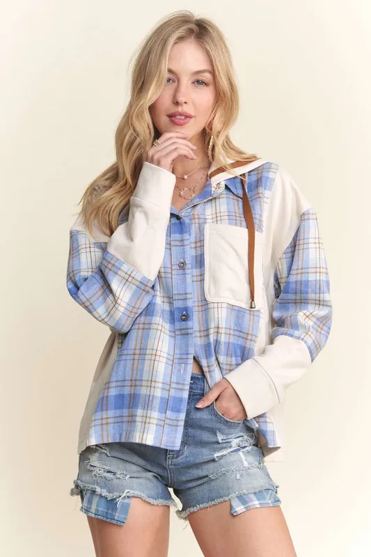 Button Down Plaid Hoodie Shacket, image 3