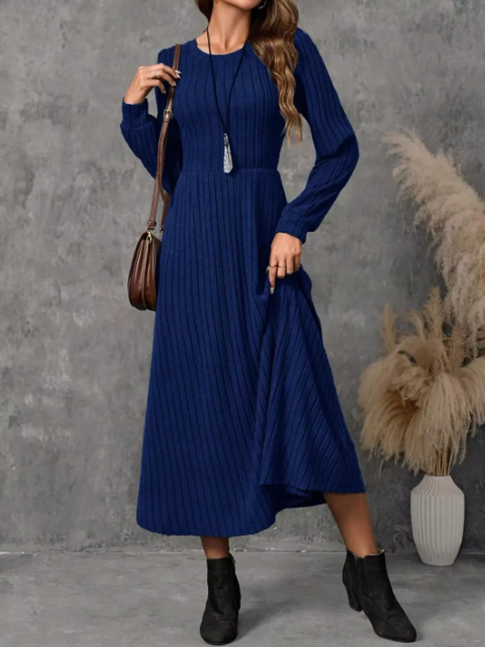 Ribbed Knit Long Sleeve A-Line Midi Dress, image 18
