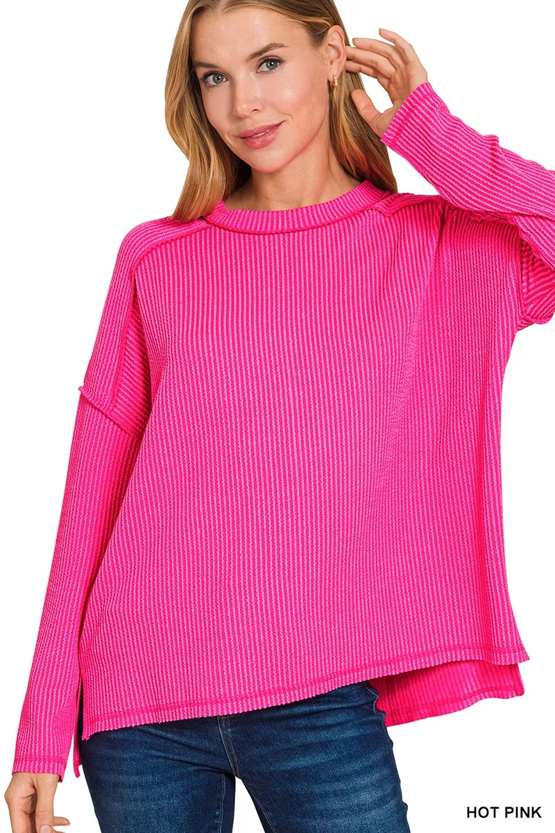Exposed Seam Long Sleeve Corded Rib Knit Top, image 2