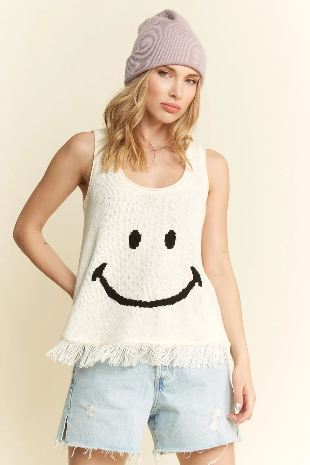 Full Size Smiley Fringe Hem Tank Plus Size