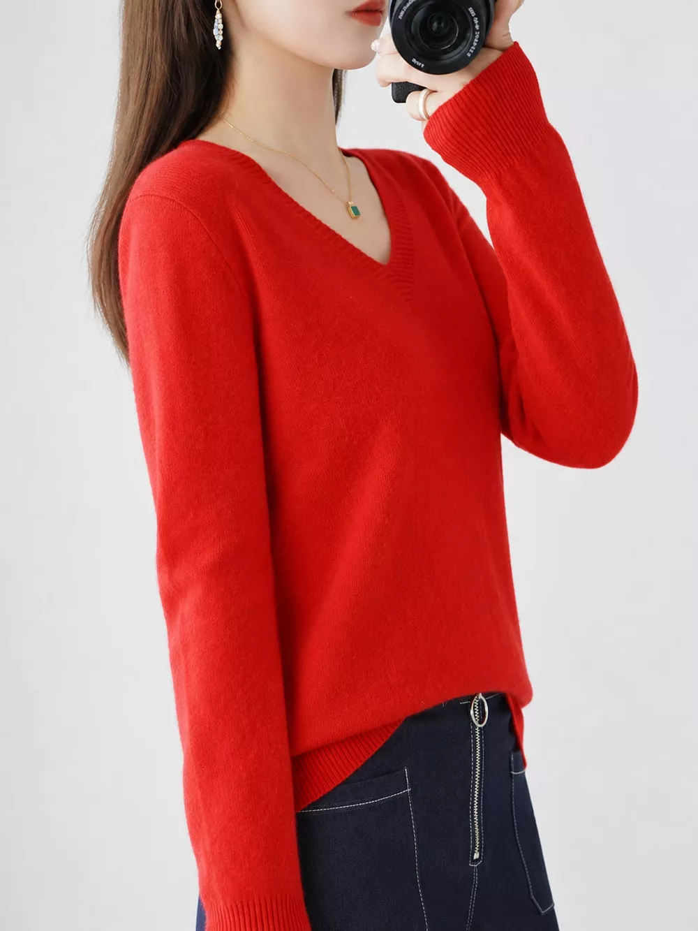 V-Neck Solid Color Sweater, image 14