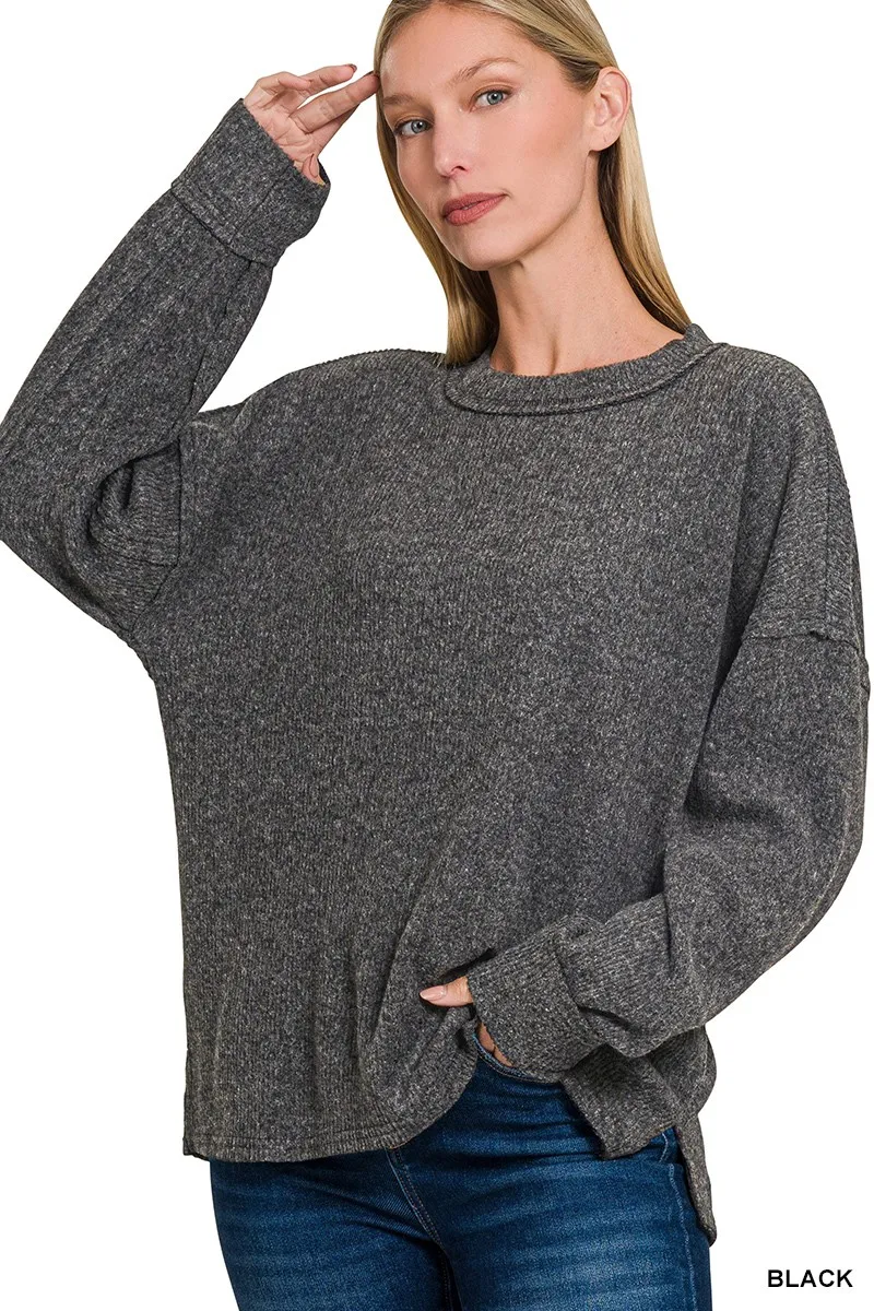 Full Size Brushed Ribbed Hacci Drop Shoulder Sweater Plus Size