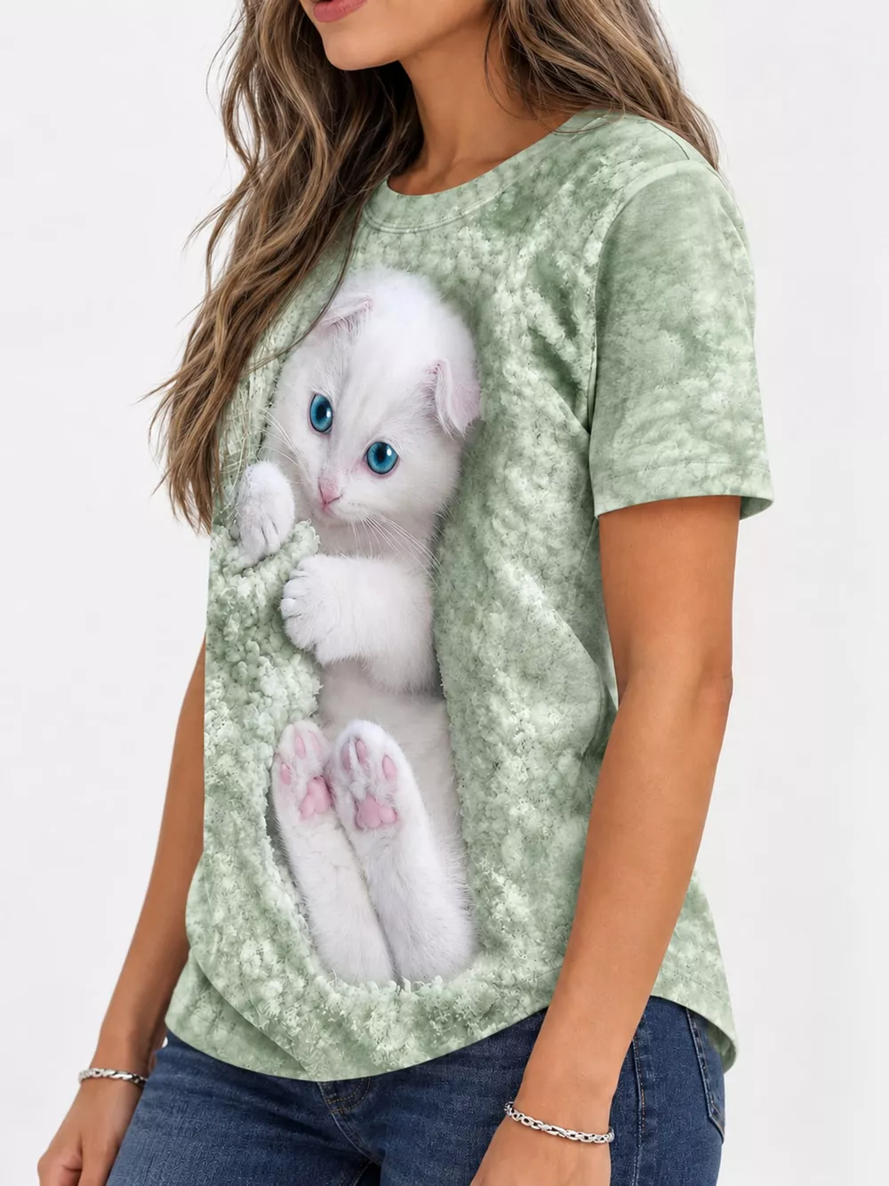 Full Size Cat Graphic Round Neck Top Plus Size, image 21