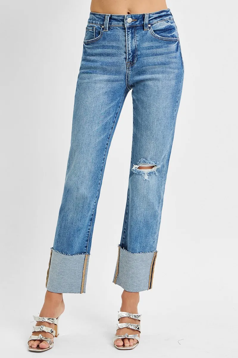 Full Size High Rise Ankle Straight Wide Cuffed Jeans Plus Size, image 2