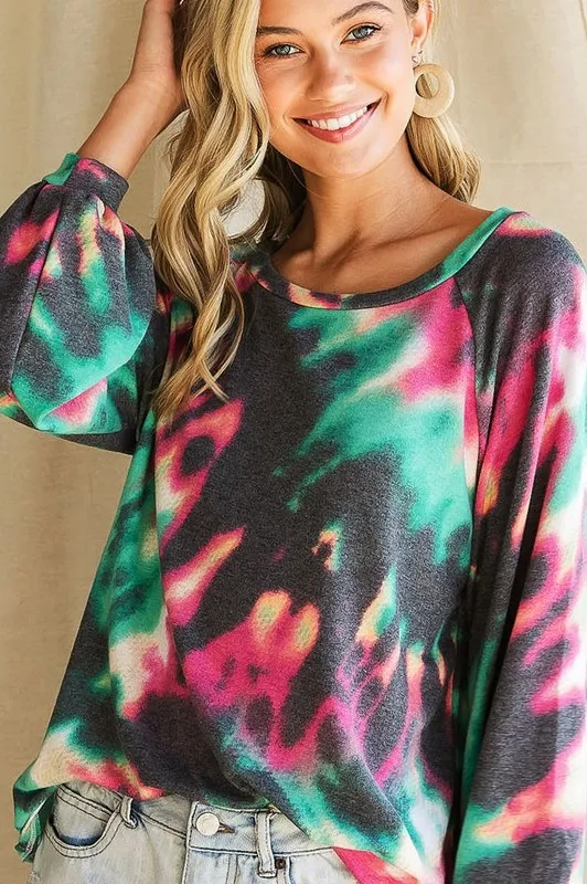Tie Dye Print Terry Top with Puff Sleeves, image 2