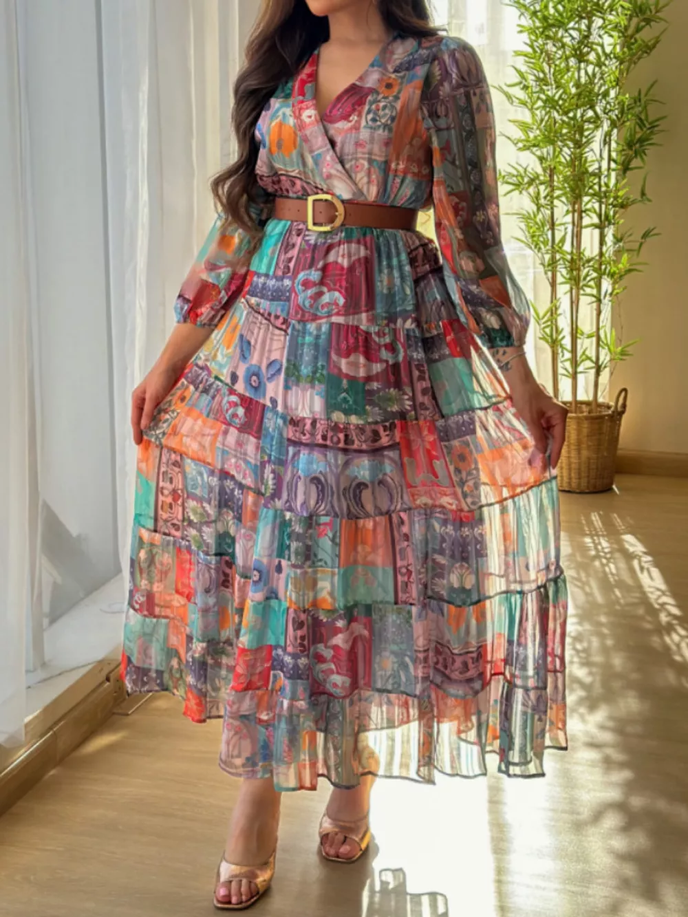 Printed Surplice Long Sleeve Maxi Dress, image 3