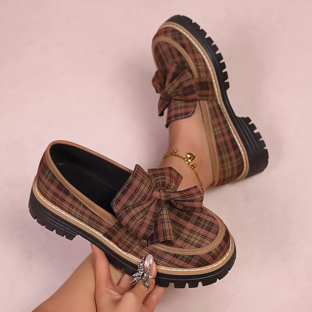 Plaid Bow Decor Chunky Loafers, image 4