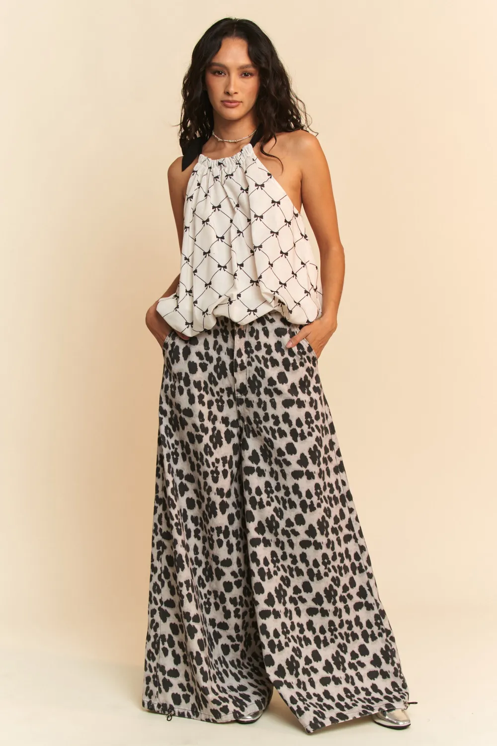 Ribbon Checker Printed Tie Halter Neck Blouse Top, image 4