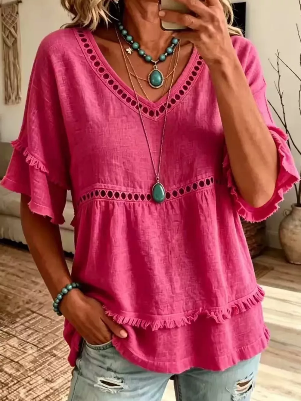 Full Size Frayed Hem V-Neck Blouse Plus Size, image 11