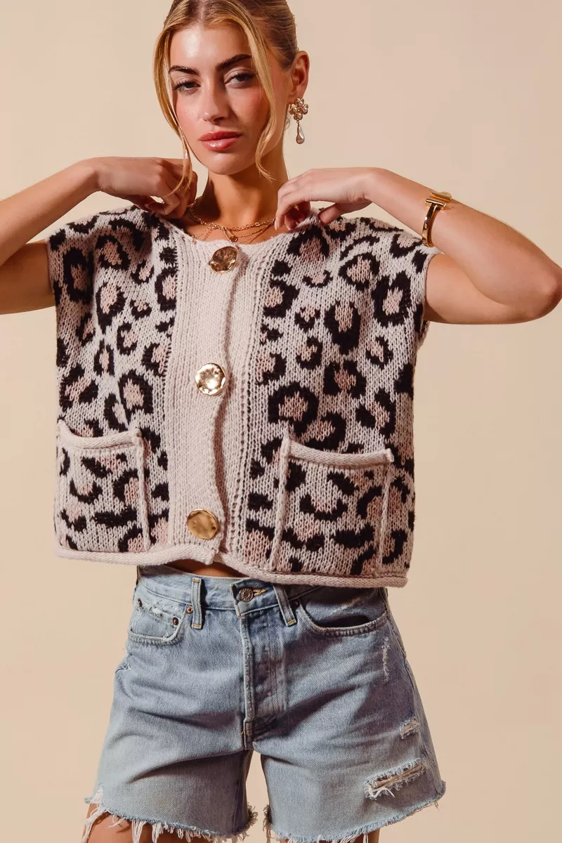 Big Metal Button Front Leopard Sweater Vest Top, image 5