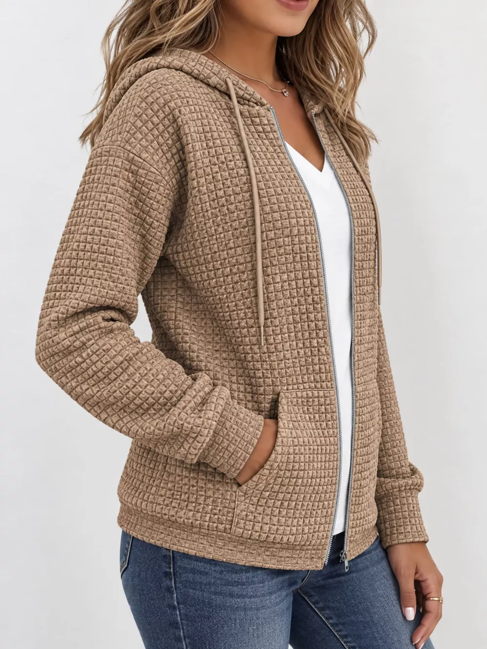 Waffle Knit Zip-Up Hoodie with Drawstring and Pockets, image 20