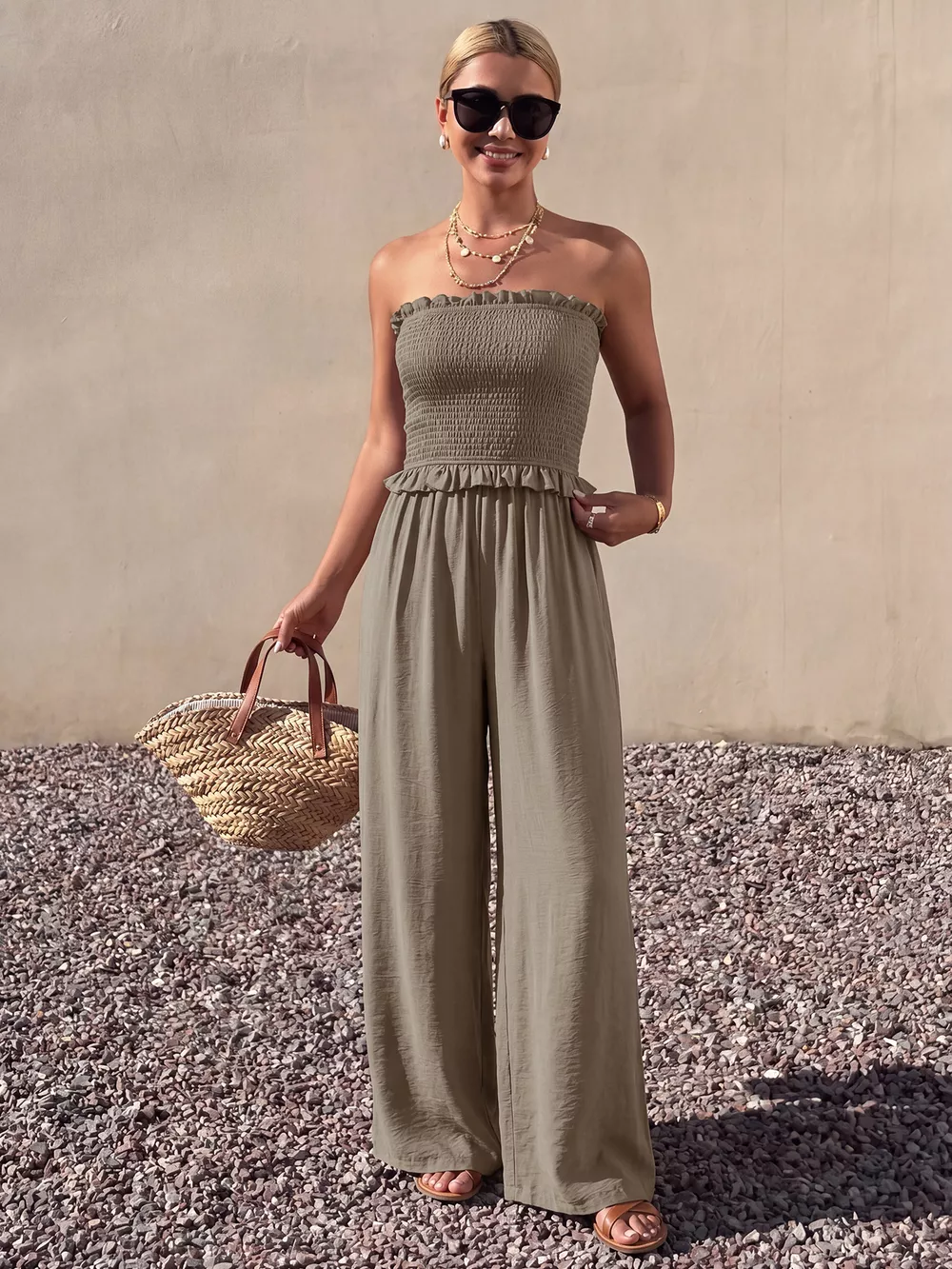 Smocked Strapless Wide Leg Jumpsuit, image 5