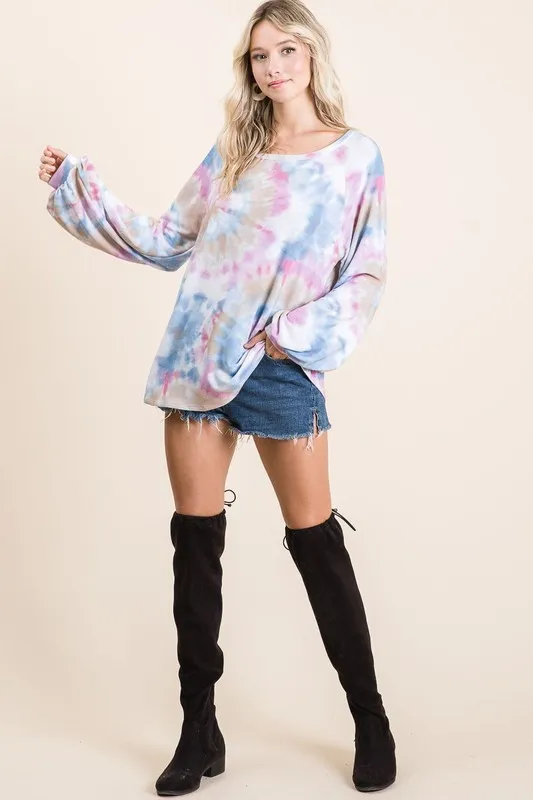 Tie Dye Print Terry Top With Puff Sleeves, image 6