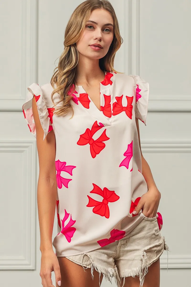 Bow Printed Woven Ruffled Sleeves V Neck Top, image 6