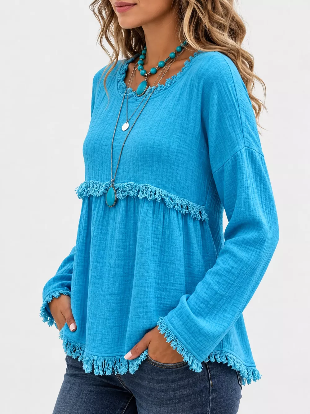 Full Size Frayed Hem Textured Blouse Plus Size, image 30