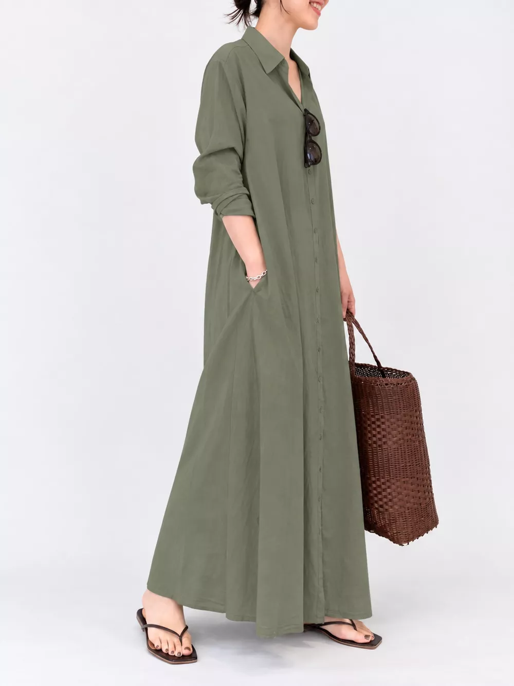 Full Size Button Front Long Sleeve Maxi Shirt Dress Plus Size, image 12