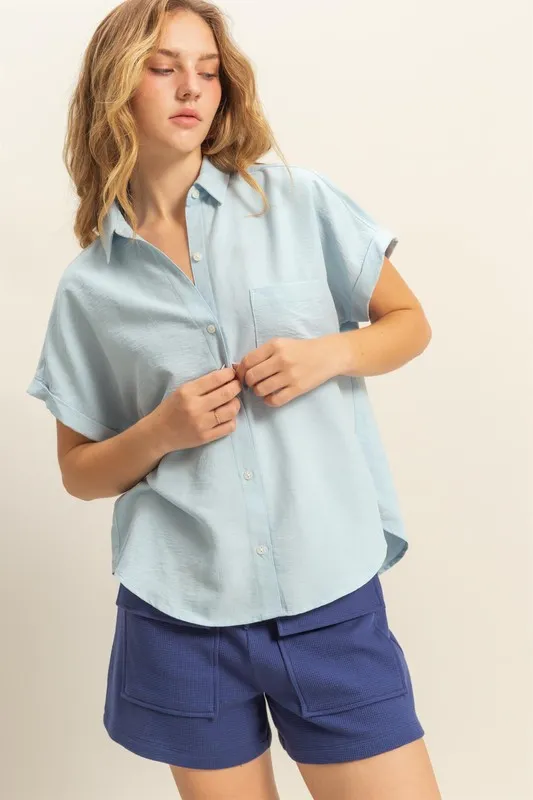 Button Down Collared Neck Short Sleeve Shirt