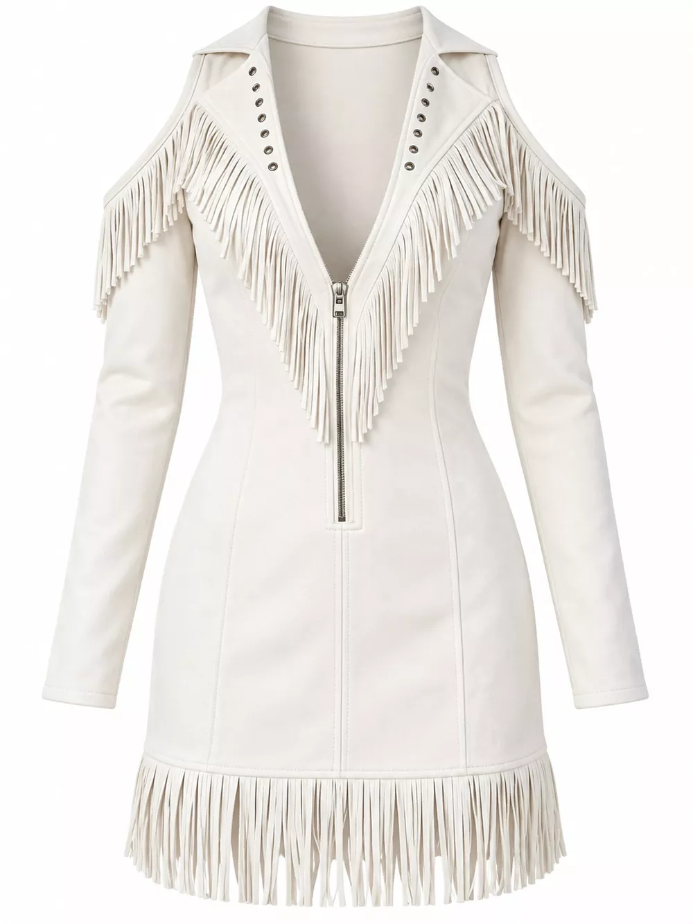 Full Size Fringed Cold-Shoulder Zip-Front Mini Dress Plus Size, image 5