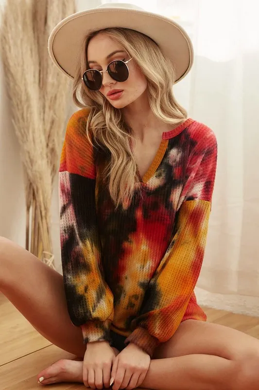 Tie Dye Brushed Waffle Top With Bubble Sleeves, image 7