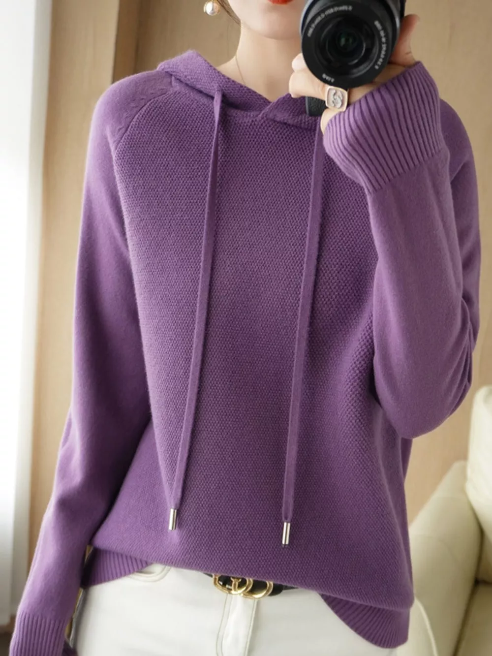 Drawstring Long Sleeve Hooded Knit Sweater, image 30